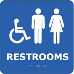 NMC - Restrooms, 8" Wide x 8" High, Plastic Sign - English, Braille, White on Blue, Wall Mount - USA Tool & Supply