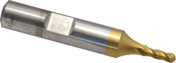 Cleveland - 1/8" Diam, 3/8" LOC, 4 Flute Cobalt Ball End Mill - TiN Finish, Single End, 2-5/16" OAL, 3/8" Shank Diam, Spiral Flute - USA Tool & Supply