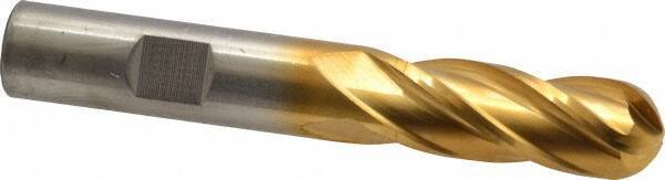 Cleveland - 1/2" Diam, 1-1/4" LOC, 4 Flute Cobalt Ball End Mill - TiN Finish, Single End, 3-1/4" OAL, 1/2" Shank Diam, Spiral Flute - USA Tool & Supply