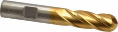 Cleveland - 1/2" Diam, 1-1/4" LOC, 4 Flute Cobalt Ball End Mill - TiN Finish, Single End, 3-1/4" OAL, 1/2" Shank Diam, Spiral Flute - USA Tool & Supply