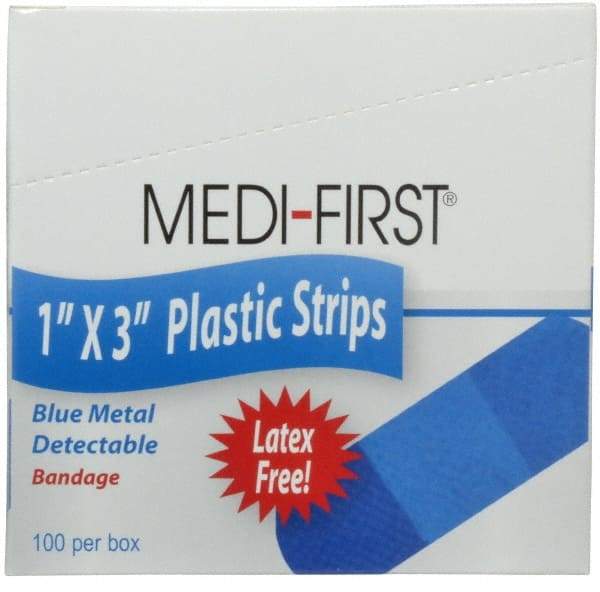 Medique - 3" Long x 1" Wide, General Purpose Self-Adhesive Bandage - Blue, Plastic Bandage, Metal Detectable - USA Tool & Supply