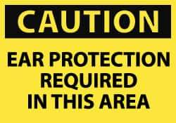 NMC - Accident Prevention Label, Header: CAUTION - Legend: Caution - Ear Protection Required in This Area, English, Black & Yellow, 5" Long x 3" High, Sign Muscle Finish - USA Tool & Supply