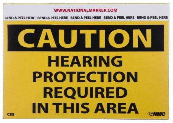 NMC - Accident Prevention Label, Header: CAUTION - Legend: Caution - Hearing Protection Required in This Area, English, Black & Yellow, 5" Long x 3" High, Sign Muscle Finish - USA Tool & Supply