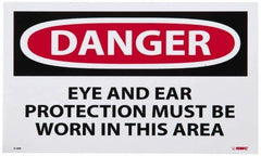 NMC - Accident Prevention Label, Header: DANGER - Legend: Danger - Eye and Ear Protection Must Be Worn in This Area, English, Red, Black & White, 5" Long x 3" High, Sign Muscle Finish - USA Tool & Supply