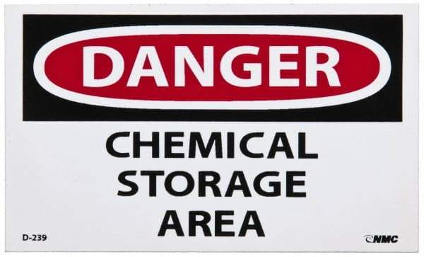 NMC - Hazardous Materials Label, Header: DANGER - Legend: Danger - Chemical Storage Area, English, Red, Black & White, 5" Long x 3" High, Sign Muscle Finish - USA Tool & Supply