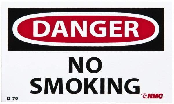 NMC - Accident Prevention Label, Header: DANGER - Legend: Danger - No Smoking, English, Red, Black & White, 5" Long x 3" High, Sign Muscle Finish - USA Tool & Supply