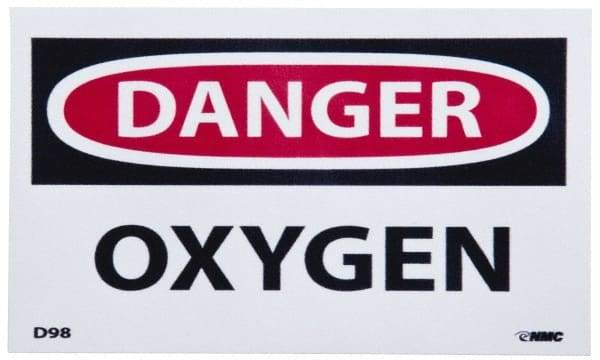 NMC - Hazardous Materials Label, Header: DANGER - Legend: Danger - Oxygen, English, Red, Black & White, 5" Long x 3" High, Sign Muscle Finish - USA Tool & Supply