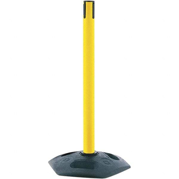Tensator - 38" High, 2-1/2" Pole Diam, Tensabarrier Post - 19" Base Diam, Octagon Rubber Base, Yellow Plastic Post, Tape, Single Line Tape, For Outdoor Use - USA Tool & Supply