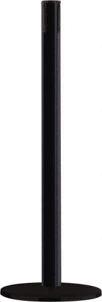 Tensator - 38" High, 2-1/2" Pole Diam, Tensabarrier Post - 14" Base Diam, Round Heavy Gauge Steel Base, Black Steel Post, Tape, Single Line Tape - USA Tool & Supply