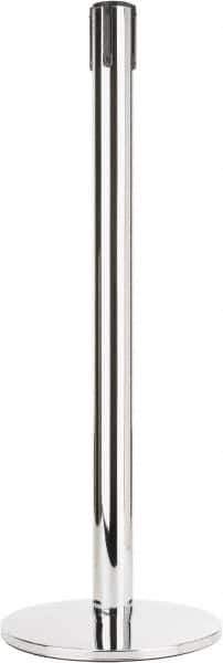 Tensator - 38" High, 2-1/2" Pole Diam, Tensabarrier Post - 14" Base Diam, Round Heavy Gauge Steel Base, Polished Chrome (Color) Steel Post, Tape, Single Line Tape - USA Tool & Supply