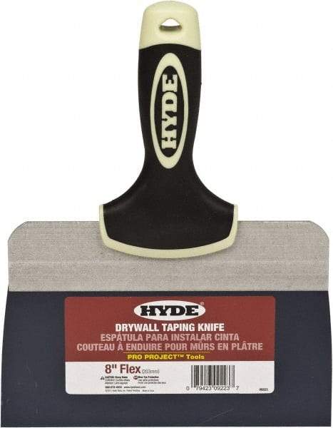 Hyde Tools - 8" Wide Spring Blade Tempered Steel Taping Knife - Flexible, Soft Grip Plastic Overmold Handle, 10-1/2" OAL - USA Tool & Supply