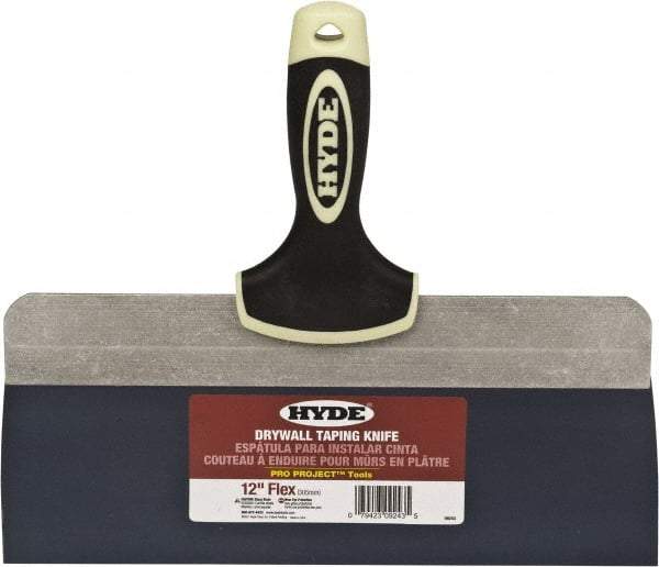 Hyde Tools - 12" Wide Spring Blade Tempered Steel Taping Knife - Flexible, Soft Grip Plastic Overmold Handle, 10-1/2" OAL - USA Tool & Supply