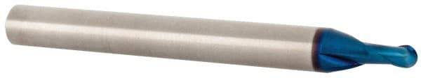 Accupro - 1/8" Diam, 1/8" LOC, 2 Flute Solid Carbide Ball End Mill - Blue Finish, Single End, 2-1/2" OAL, 1/4" Shank Diam, Spiral Flute - USA Tool & Supply