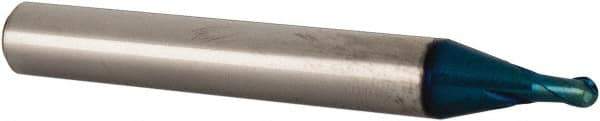 Accupro - 3/32" Diam, 3/32" LOC, 2 Flute Solid Carbide Ball End Mill - Blue Finish, Single End, 2" OAL, 1/4" Shank Diam, Spiral Flute - USA Tool & Supply