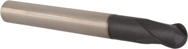 Accupro - 1/2" Diam, 1/2" LOC, 2 Flute Solid Carbide Ball End Mill - TiAlN Finish, Single End, 4-1/4" OAL, 1/2" Shank Diam, Spiral Flute - USA Tool & Supply