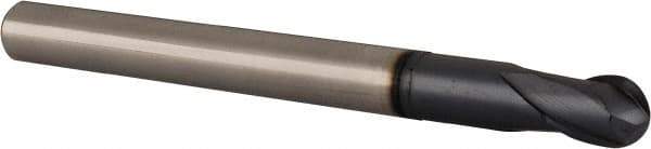 Accupro - 3/8" Diam, 3/8" LOC, 2 Flute Solid Carbide Ball End Mill - TiAlN Finish, Single End, 4" OAL, 3/8" Shank Diam, Spiral Flute - USA Tool & Supply