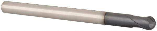 Accupro - 1/4" Diam, 1/4" LOC, 2 Flute Solid Carbide Ball End Mill - TiAlN Finish, Single End, 3-1/8" OAL, 1/4" Shank Diam, Spiral Flute - USA Tool & Supply