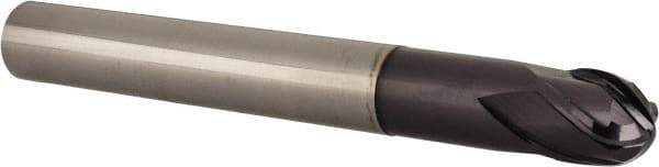 Accupro - 1/2" Diam, 1/2" LOC, 4 Flute Solid Carbide Ball End Mill - TiAlN Finish, Single End, 4-1/4" OAL, 1/2" Shank Diam, Spiral Flute - USA Tool & Supply