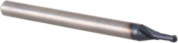 Accupro - 0.055" Diam, 0.13" LOC, 2 Flute Solid Carbide Ball End Mill - TiAlN Finish, Single End, 1-1/2" OAL, 1/8" Shank Diam, Spiral Flute - USA Tool & Supply