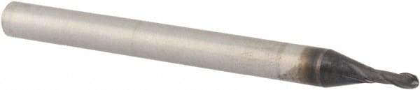 Accupro - 0.052" Diam, 0.11" LOC, 2 Flute Solid Carbide Ball End Mill - TiAlN Finish, Single End, 1-1/2" OAL, 1/8" Shank Diam, Spiral Flute - USA Tool & Supply