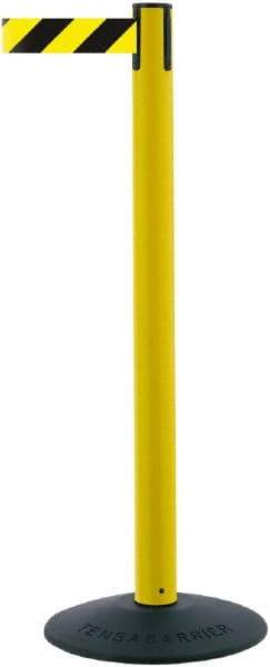 Tensator - 38" High, 2-1/2" Pole Diam, Barricade Tape Dispenser - 14" Base Diam, Round Stainless Steel Base, Black Polymer Post, 7-1/2' x 1-7/8" Tape, Single Line Tape, For Outdoor Use - USA Tool & Supply