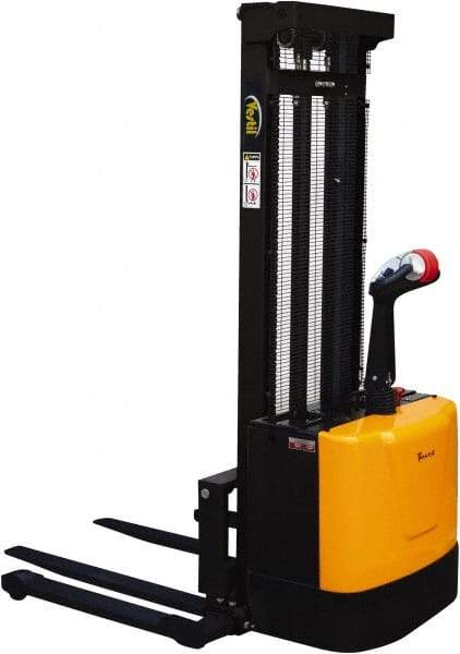 Vestil - 2,000 Lb Capacity, 118" Lift Height, Battery Powered Stacker - 2-1/8" Lowered Height, 42" Fork Length, 58" Overall Width - USA Tool & Supply