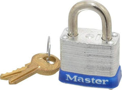 Master Lock - 9/16" Shackle Clearance, Keyed Different Padlock - 1/2" Shackle Width, 3/16" Shackle Diam, Brass - USA Tool & Supply