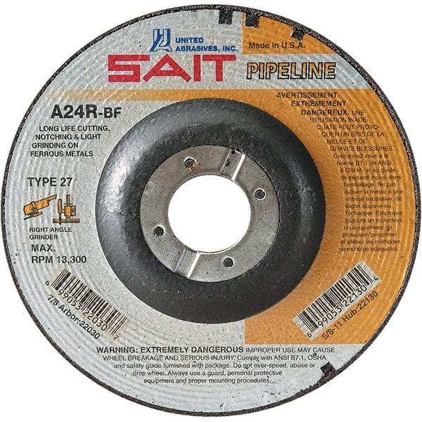 Sait - 24 Grit, 6" Wheel Diam, 1/8" Wheel Thickness, 7/8" Arbor Hole, Type 27 Depressed Center Wheel - Aluminum Oxide, Resinoid Bond, R Hardness, 10,200 Max RPM, Compatible with Angle Grinder - USA Tool & Supply