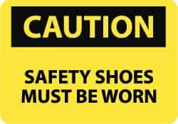 NMC - "Caution - Safety Shoes Must Be Worn", 10" Long x 14" Wide, Pressure-Sensitive Vinyl Safety Sign - Rectangle, 0.004" Thick, Use for Accident Prevention - USA Tool & Supply