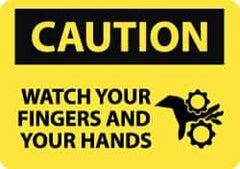 NMC - "Caution - Watch Your Fingers and Your Hands", 10" Long x 14" Wide, Pressure-Sensitive Vinyl Safety Sign - Rectangle, 0.004" Thick, Use for Accident Prevention - USA Tool & Supply
