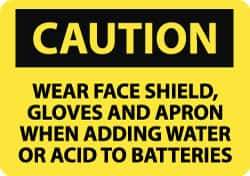 NMC - "Caution - Wear Face Shield Gloves and Apron When Adding Water or Acid to Batteries", 10" Long x 14" Wide, Aluminum Safety Sign - Rectangle, 0.04" Thick, Use for Accident Prevention - USA Tool & Supply