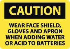NMC - "Caution - Wear Face Shield Gloves and Apron When Adding Water or Acid to Batteries", 10" Long x 14" Wide, Pressure-Sensitive Vinyl Safety Sign - Rectangle, 0.004" Thick, Use for Accident Prevention - USA Tool & Supply