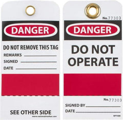 NMC - 3" High x 6" Long, DANGER - DO NOT OPERATE, English Safety & Facility Accident Prevention Tag - Tag Header: Danger, 2 Sides, Black, Red & White Unrippable Vinyl - USA Tool & Supply