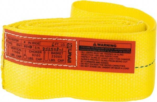Lift-All - 6' Long x 4" Wide, 11,500 Lb Vertical Capacity, 1 Ply, Polyester Web Sling - 9,200 Lb Choker Capacity, Yellow - USA Tool & Supply