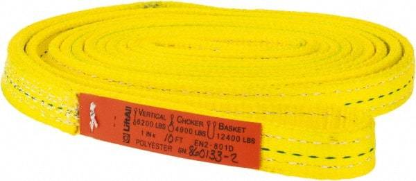 Lift-All - 10' Long x 1" Wide, 6,200 Lb Vertical Capacity, 2 Ply, Polyester Web Sling - 4,900 Lb Choker Capacity, Yellow - USA Tool & Supply