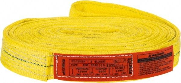 Lift-All - 16' Long x 2" Wide, 12,200 Lb Vertical Capacity, 2 Ply, Polyester Web Sling - 9,800 Lb Choker Capacity, Yellow - USA Tool & Supply
