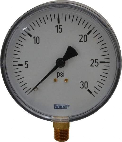 Wika - 4" Dial, 1/4 Thread, 0-30 Scale Range, Pressure Gauge - Lower Connection Mount, Accurate to 3-2-3% of Scale - USA Tool & Supply