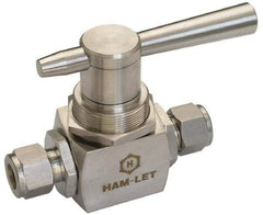 Ham-Let - 3/8" Pipe, Stainless Steel, Three Way, Instrumentation Ball Valve - 6,000 psi WOG Rating, Tee Handle, PTFE Seal, KEL-F Seat - USA Tool & Supply