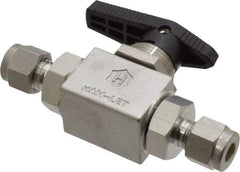 Ham-Let - 1/4" Pipe, Stainless Steel, Inline, Two Way Flow, Instrumentation Ball Valve - 3,000 psi WOG Rating, Tee Handle, PTFE Seal, PTFE Seat, Swaglok SS-42S4 - USA Tool & Supply
