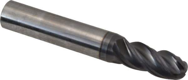 SGS - 11/32" Diam, 13/16" LOC, 4 Flute Solid Carbide Ball End Mill - AlTiN Finish, Single End, 2-1/2" OAL, 3/8" Shank Diam, Spiral Flute - USA Tool & Supply
