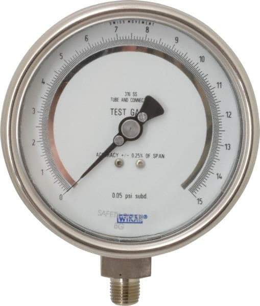 Wika - 4" Dial, 1/4 Thread, 0-15 Scale Range, Pressure Gauge - Lower Connection Mount, Accurate to 0.25% of Scale - USA Tool & Supply