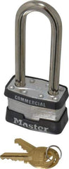 Master Lock - 2-1/2" Shackle Clearance, Keyed Different Padlock - 3/4" Shackle Width, 5/16" Shackle Diam, Laminated Steel - USA Tool & Supply