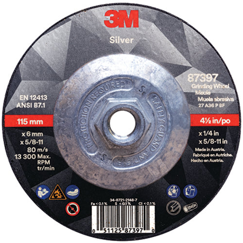 ‎3M Silver Depressed Center Grinding Wheel 87397 T27 Quick Change 4.5″ × 1/4″ × 5/8-11 - USA Tool & Supply