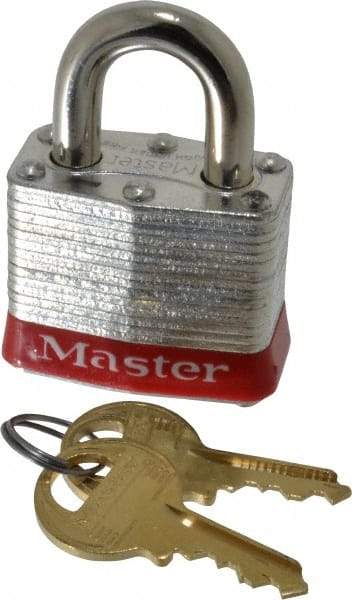 Master Lock - Keyed Alike Retaining Key Conductive Lockout Padlock - 3/4" Shackle Clearance, 9/32" Shackle Diam, 1-1/4" Body Height x 1-9/16" Body Width, Red, 4 Pins - USA Tool & Supply