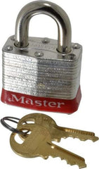 Master Lock - Keyed Alike Retaining Key Conductive Lockout Padlock - 3/4" Shackle Clearance, 9/32" Shackle Diam, 1-1/4" Body Height x 1-9/16" Body Width, Red, 4 Pins - USA Tool & Supply