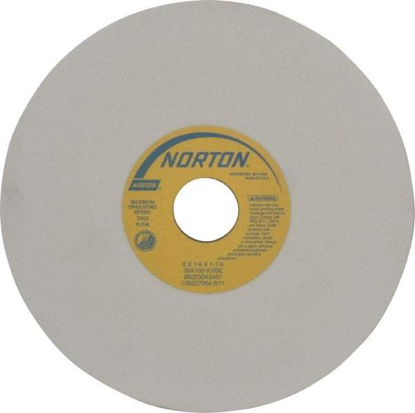 Norton - 8" Diam x 1-1/4" Hole x 1/4" Thick, K Hardness, 100 Grit Surface Grinding Wheel - Aluminum Oxide, Type 1, Fine Grade, 3,600 Max RPM, Vitrified Bond, No Recess - USA Tool & Supply