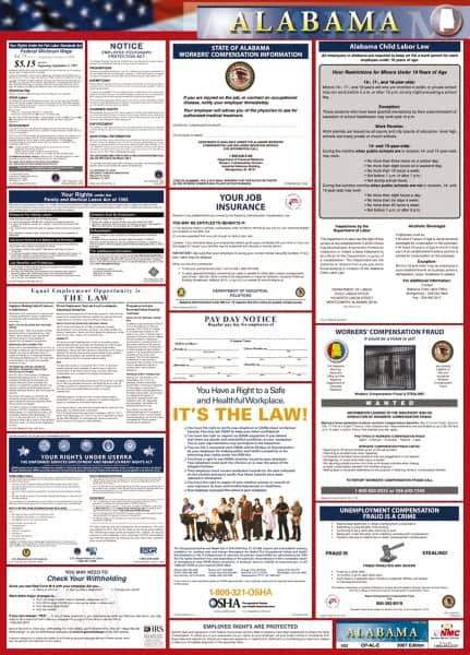 NMC - 24" Wide x 40" High Laminated Paper Labor Law Information Poster - Alabama Jurisdiction, 0.03" Thick, English - USA Tool & Supply