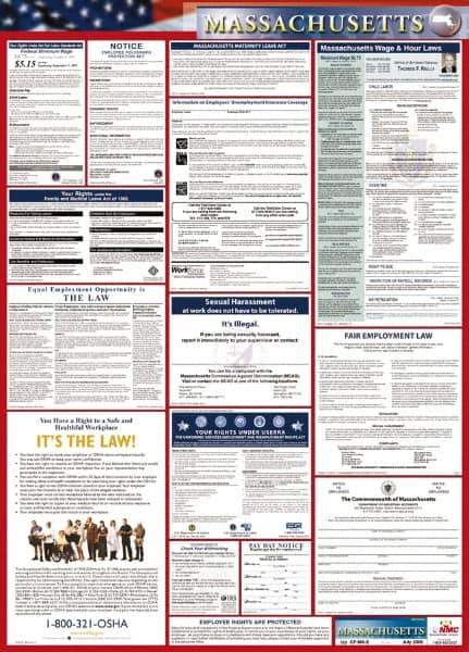 NMC - 24" Wide x 40" High Laminated Paper Labor Law Information Poster - Massachusetts Jurisdiction, 0.03" Thick, English - USA Tool & Supply