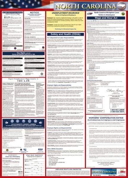 NMC - 24" Wide x 40" High Laminated Paper Labor Law Information Poster - North Carolina Jurisdiction, 0.03" Thick, English - USA Tool & Supply