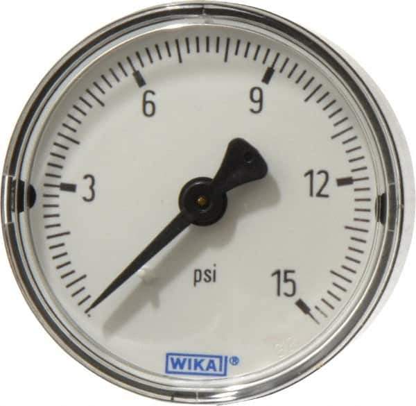 Wika - 2" Dial, 1/4 Thread, 0-15 Scale Range, Pressure Gauge - Center Back Connection Mount, Accurate to 3-2-3% of Scale - USA Tool & Supply